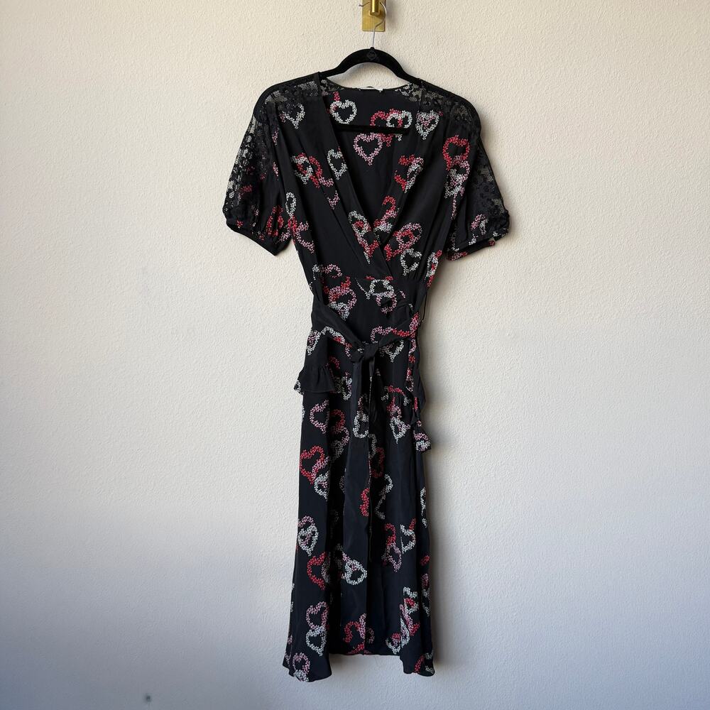 Sandro Paris Black Multicolor Heart Silk Midi Dress Size FR 38 - Picture 2 of 6